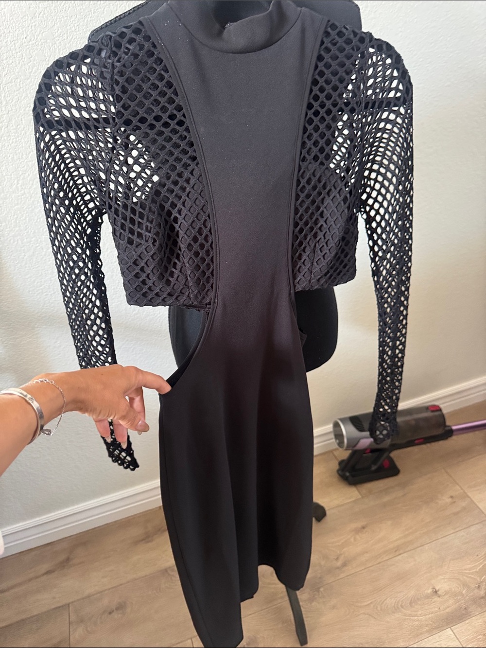 L'ATISTE Black Mesh Long Sleeve Cutout Midi Dress